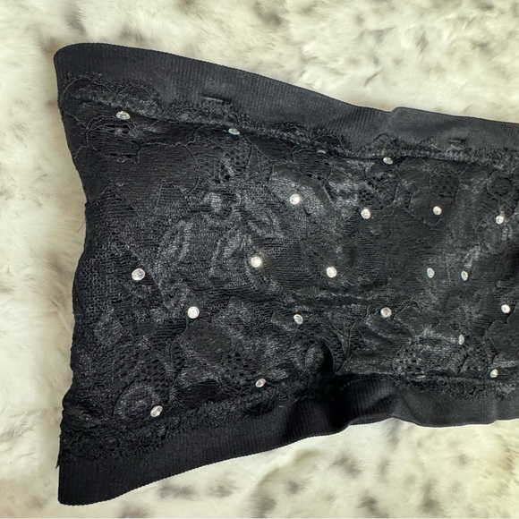 Bandeau tube top rhinestone crystal diamond bling black silver lace stretchy y2k - Picture 3 of 6